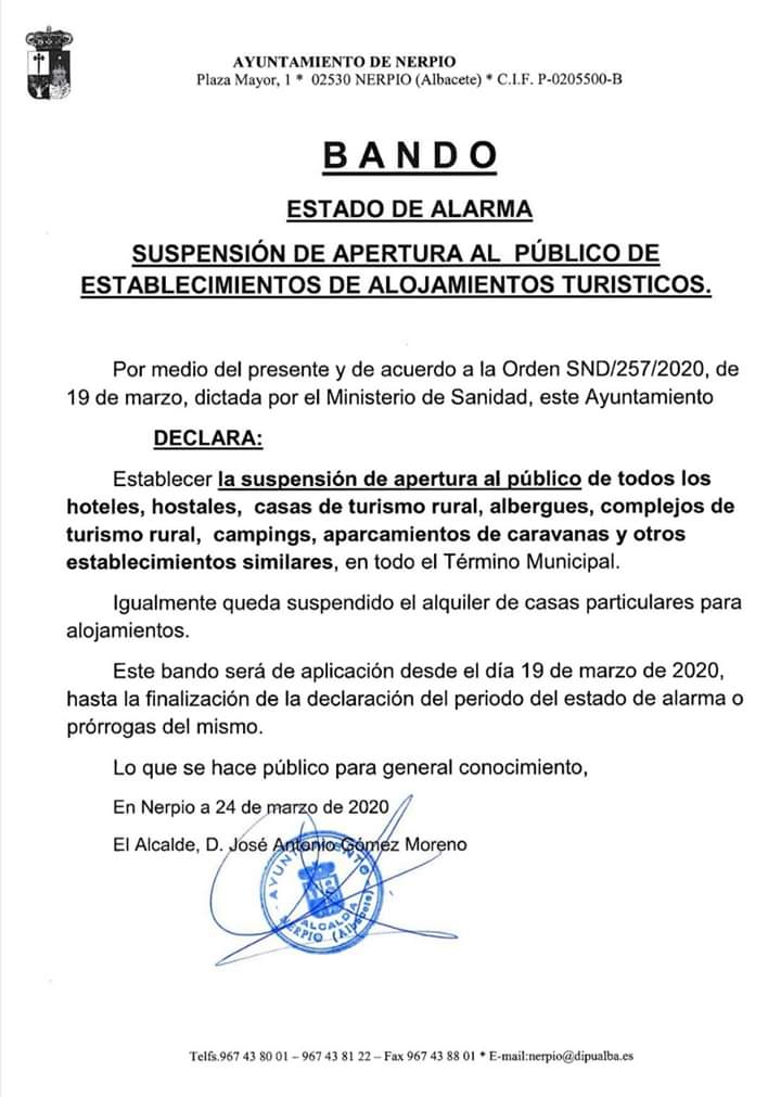 Suspensión apertura alojamientos coronavirus